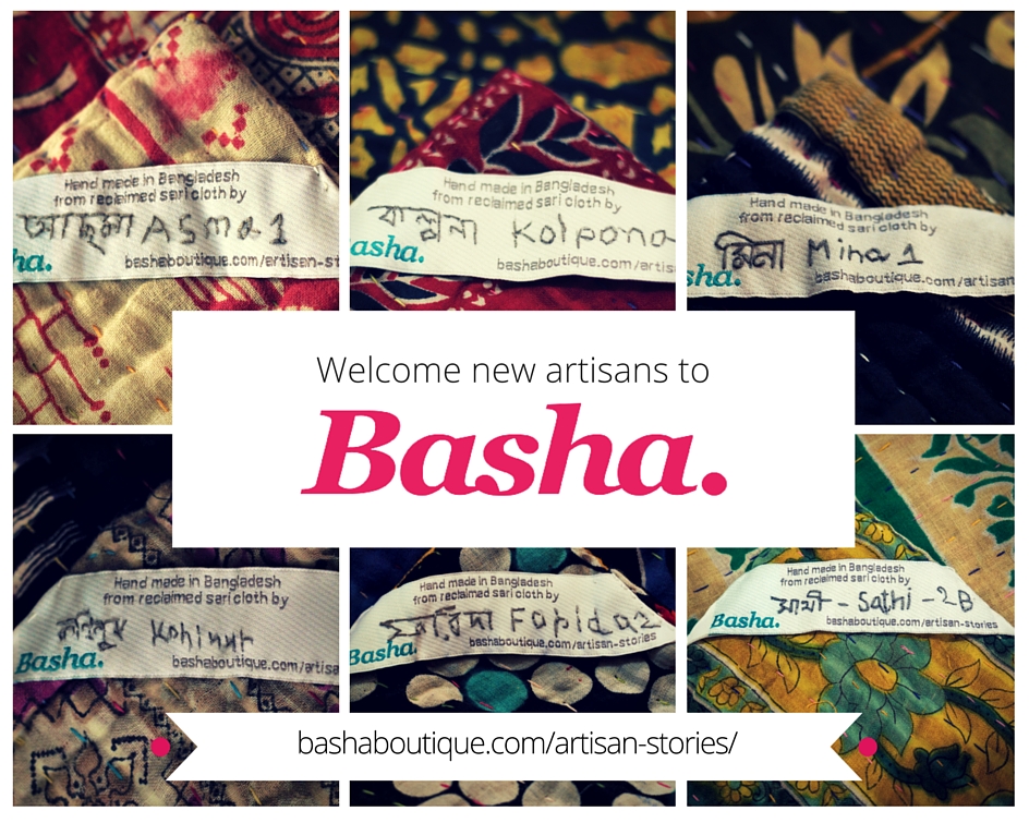 Collage of Basha kantha blanket name labels with artisan name.